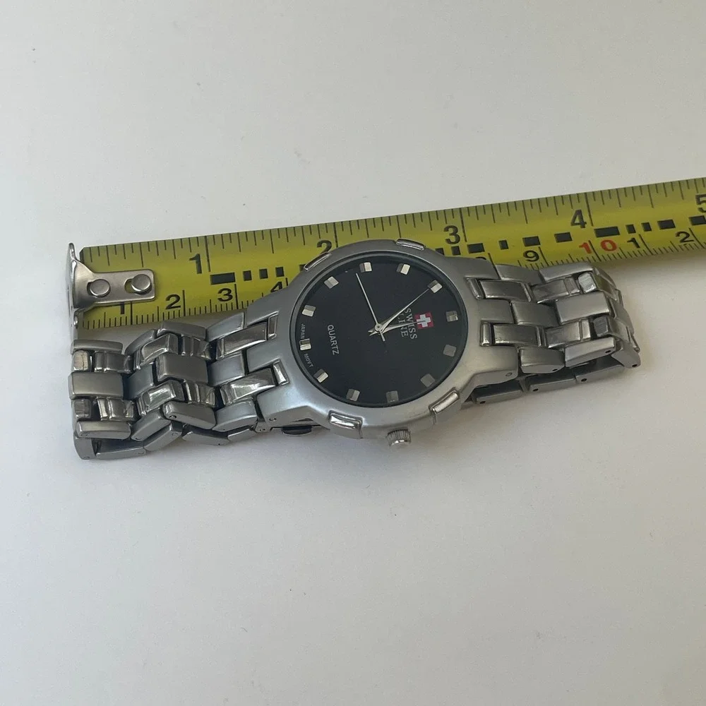 Swiss Line Mens Quartz Watch Black Dial Stainless Steel Water Resistant Silver